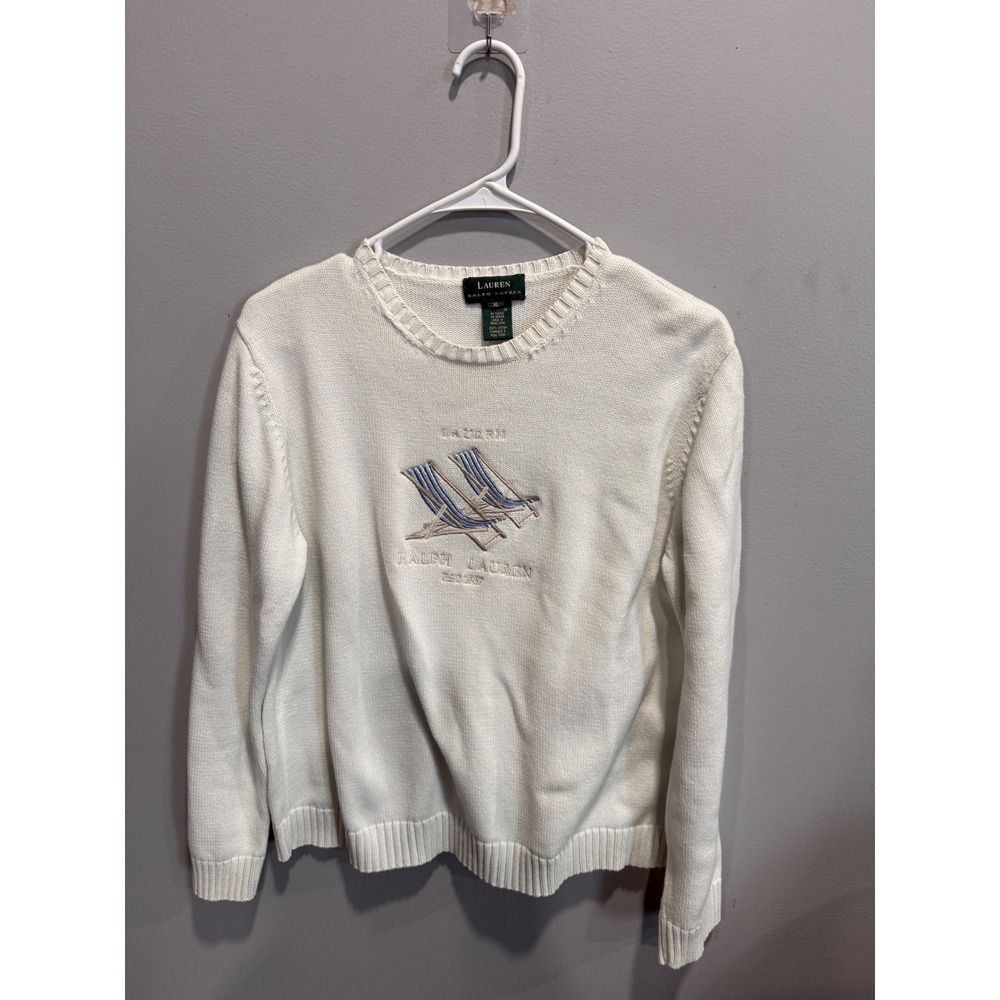 Lauren Ralph Lauren White Cotton Knit Beach Chair Embroidered Sweater XL